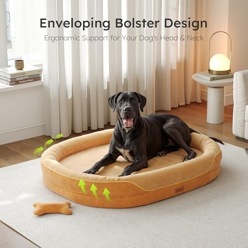 CWAWZ XXL Orthopedic Dog Bed, 53 in. Dog Bed for Large Sized Dogs with Full-Surround Bolsters, Dual-Sided Dog Cooling Beds with Memory Foam, Washable Pet Sofa Couch with Nonslip Bottom, Brown