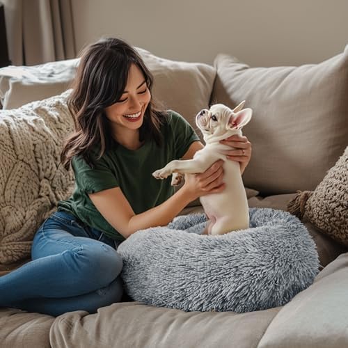 28in Large Dog Bed, Calming Donut Bed for Puppy and Kitten (Light Grey)