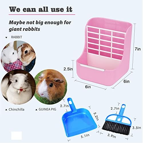 HERCOCCI Rabbit Hay Food Bin Feeder and Bunny Water Bottle Set, Hay Food Feeder Bowls Manger Rack with 500ml Hanging Water Dispenser Prevent Knock Over for Rabbit Guinea Pig Chinchilla (Large, Pink)