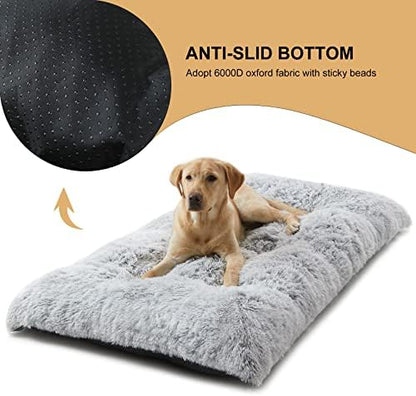 BFPETHOME Dog Bed for Large Dogs, Plush Kennel Pad for Sleeping &Ease Anxiety, Washable Mats with Anti-Slip Bottom - 48 x 28 inch, Grey