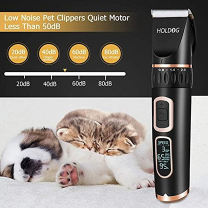 HOLDOG Dog Clippers Professional Heavy Duty Grooming Clipper 3-Speed Low Noise High Power Rechargeable Cordless Pet Tools for Small & Large Dogs Cats Pets with Thick Coats