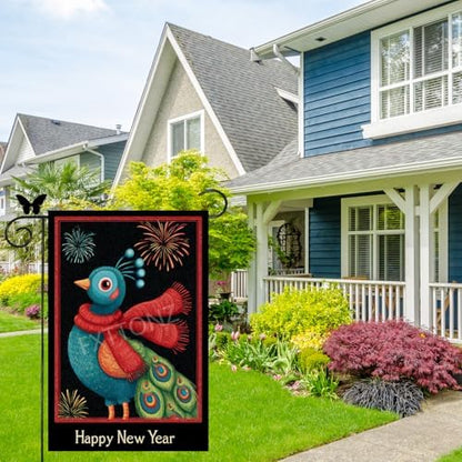 Happy New Year Garden Flag 12x18 Double Sided Vertical Linen Small Fireworks Peacock House Flag Welcome Holiday Winter House Outdoor Outside Decorations (27185)
