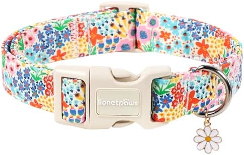 Lionet Paws Floral Dog Collar Summer Wildflowers Cosmos Corn Poppy Collars with White Daisies Pattern Pendant - Female Girl Dog Collar for Small Medium Dogs XS