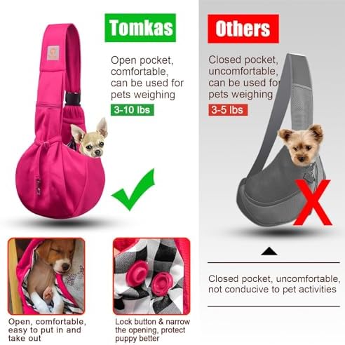 TOMKAS Dog Sling Carrier for Small Dogs Puppy Carrier for Small Dogs (Rose red, Adjustable Strap for 3-10 lbs & Zipper Pocket)