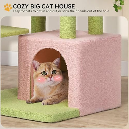 YITAHOME Tall Flower Cat Tree Tower with Detachable Perch, 65in Cute Cat Climbing Tower for Indoor Cats with Cat Condo, Basket, Tunnel, Sisal Scratching Posts and Board, Pink and Green