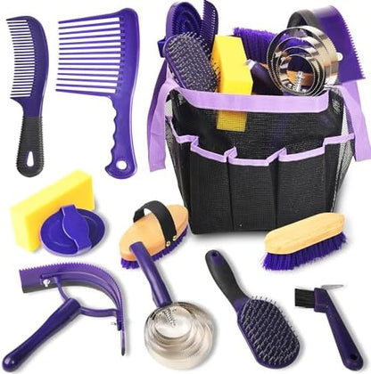 Horse Grooming Kit - 11 Piece Bathing Supplies with Organize Bag, Full Body Kit Including Sweat Scraper, Bath Sponge, Hoof Pick, Massage Comb (Purple)