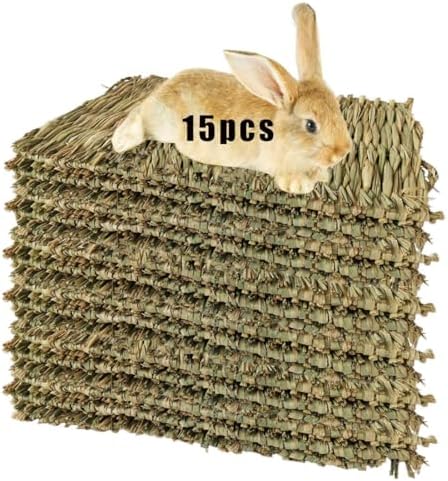 Hamiledyi 15 Pack Rabbit Grass Mat Natural Woven Bed Mat for Bunny Bedding
