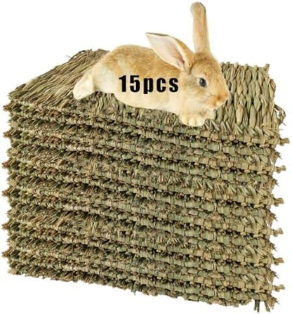 Hamiledyi 15 Pack Rabbit Grass Mat Natural Woven Bed Mat for Bunny Bedding