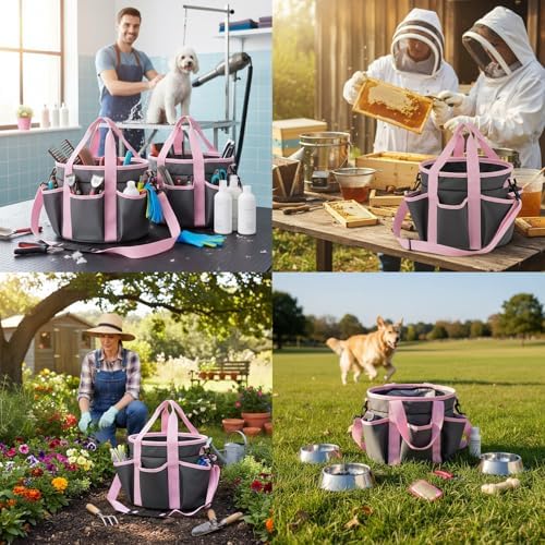 Abbylike Grooming Tote,Stylish,10.63 x 10.63 x 9.45 Inch,Grey and Pink