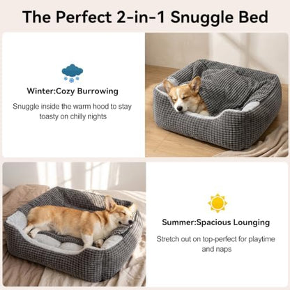 GASUR Dog Beds for Large Medium Small Dogs, Rectangle Cave Hooded Blanket Puppy Bed, Luxury Anti-Anxiety Orthopedic Cat Beds for Indoor Cats, Warmth and Machine Washable (25 inches, Grey)