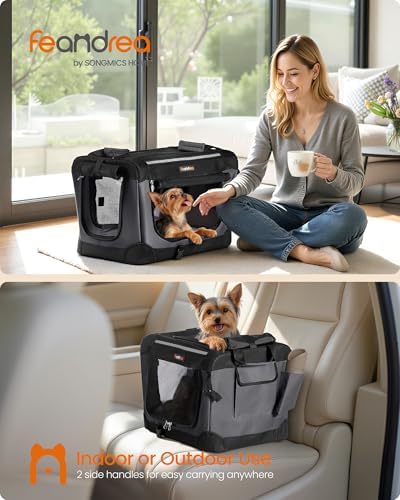 Feandrea Collapsible Dog Crate, Portable Oxford Fabric Pet Carrier, 20-Inch