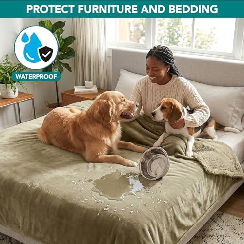 PetAmi Waterproof Dog Blanket for Large Dog Pet, 90x90 Queen, Taupe Sherpa