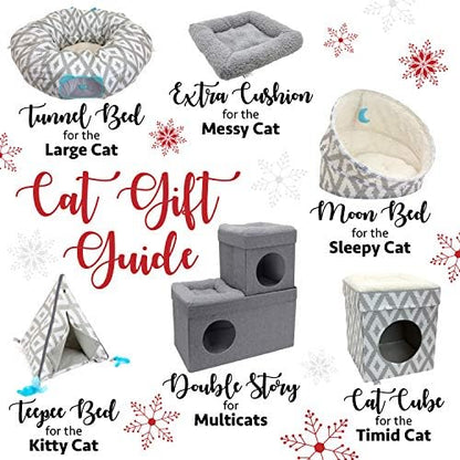 Kitty City Large Cat Tunnel Bed, 2-in-1 Zip-Together Cat Play Tunnel & Plush Nap Bed, Pop-Up Indoor Cat Toy with Hanging Toys, Collapsible Design - White
