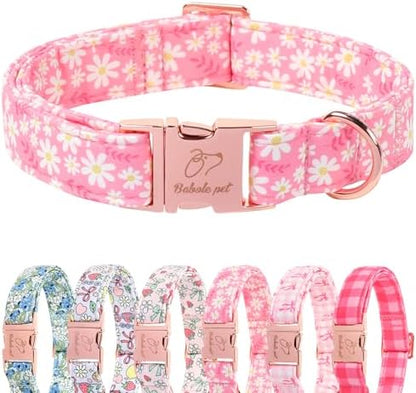 Dainty Daisy Dog Collar, Spring/Summer Pink Floral Girl Dog Collars, Adjustable Heavy Duty Cottagecore Female Dogs Collar for Small Medium Large Dogs with Metal Buckle L