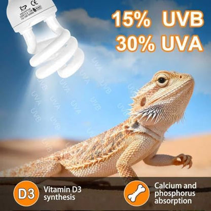 UVB Reptile Light, 15.0 15W UVA UVB Light for Reptiles, Spiral Compact Fluorescent UVB Bulb for Desert Reptiles and Amphibians