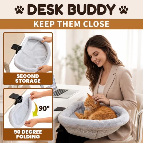 Cat Desk Bed, Clamp-On Cat Bed for Desk with Soft Fleece & Breathable Mesh, Foldable Cat Desk Hammock Holds 66 lbs, Fits Desks up to 3.3", Desk Cat Bed Attachment for Home Office, Bedside & Counter