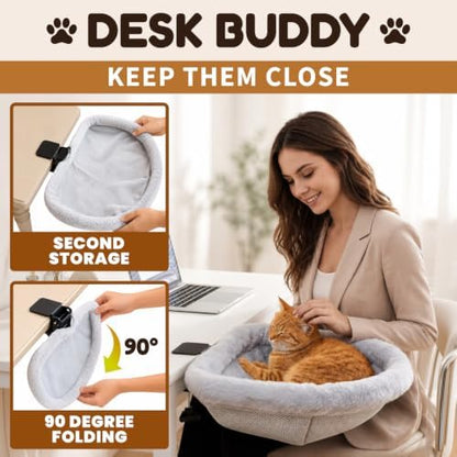Cat Desk Bed, Clamp-On Cat Bed for Desk with Soft Fleece & Breathable Mesh, Foldable Cat Desk Hammock Holds 66 lbs, Fits Desks up to 3.3", Desk Cat Bed Attachment for Home Office, Bedside & Counter