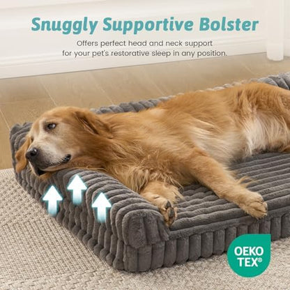 COZY KISS Faux Rabbit Fur Extra Large Dog Bed – 48"x35" Orthopedic Foam Couch with Sides, Removable Washable Cover & Waterproof Lining, Grey