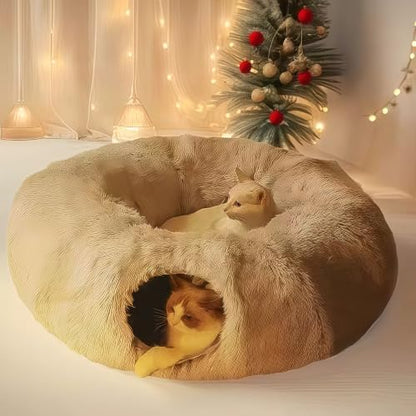 Large Cat Tunnel Bed for Indoor Cats with Hanging Pompom Toys