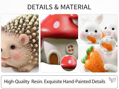 10 PCS Fairy Garden Accessories Miniatures Set, Resin Mushroom House, Woodland Animal Hedgehog & Bunny Figurines for Terrarium, Moss Bonsai, Outdoor Planter Decor