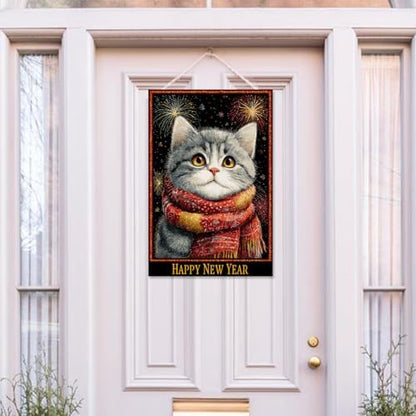 Happy New Year Garden Flag 12x18 Double Sided Vertical Linen Small Fireworks American shorthair Cat House Flag Welcome Holiday Winter House Outdoor Outside Decorations (27172)