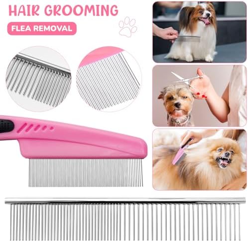 Dog Brush & Grooming Kit – 9-Piece Pet Brush & Deshedding Set for Shedding, Bathing, Trimming & Nail Care | Grooming Tools for Dogs & Cats, Includes Comb, Nail Clipper, Scissors, Slicker Brush (Pink)