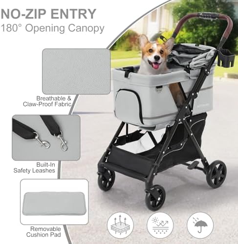 Dog Stroller with No-Zip Buckle Canopy, fits 2 Small Cats or 1 Medium pet,44 lbs Capacity One-Hand Fold,Lockable Front Wheels, Rear Brake