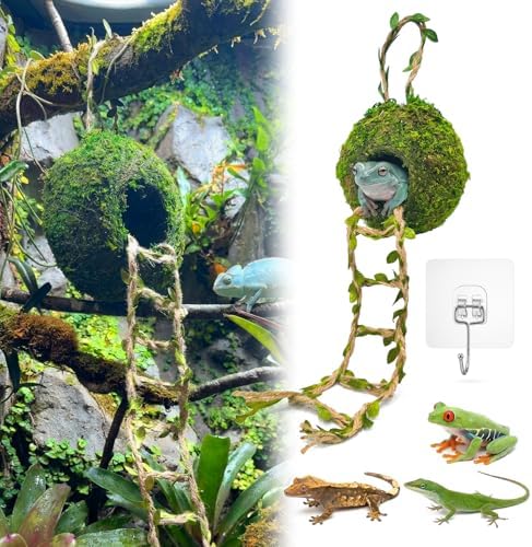 Artificial Handmade Cave Hideout with Hanging Rope & Hemp Climbing Ladder – Reptile Tank Decor Accessories for Leopard Crested Geckos, Chameleons, Snakes. Terrarium Decor (4")