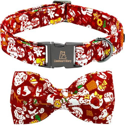 Lionheart glory Dog Bow Collar Red Christmas Santa Deer Print Dog Collar for Small Dogs Adjustable Soft Sturdy Girl or Boy Collars with Bowtie Fall Collar Bows