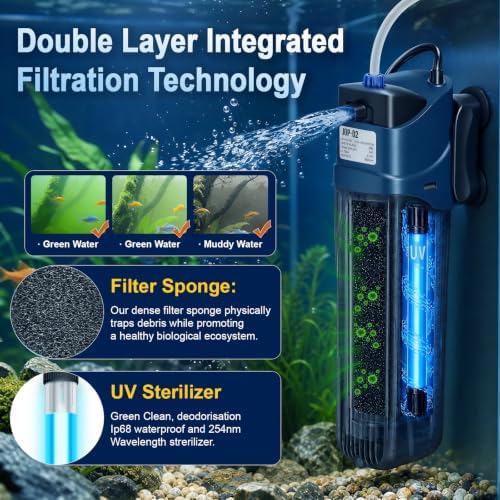 coospider-repta 132GPH Fish Tank Filter Aquarium Green Clean Submersible Machine, U-V for Aquarium for 10-60 Gal Tank