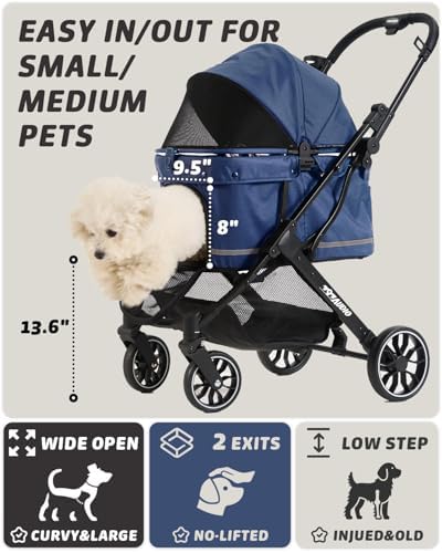 797Audio Dog Stroller for Small Medium Dogs, Pet Stroller for Cats Puppy Up to 121lbs,Foldable,One Click Folding,4 Wheel Shock Absorption,Adjustable Canopy with Sun Shades,Removable Washable Pad(Blue)