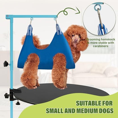 getlstub Dog Grooming Arm with Pet Grooming Hammock, 35" Pet Grooming Table Arm with Adjustable No Sit Haunch Holders, Dog Grooming Stand with Loop Noose for Small and Medium Pets, Blue
