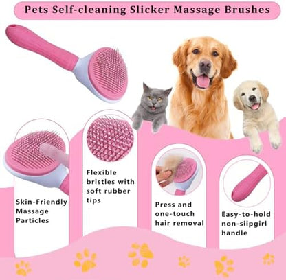 7PCS Dog Grooming Brush Kit for Shedding and Matted Fur, Self-Cleaning Slicker Brush with Undercoat Rake, Flea Comb for Long-Haired Pets, Pink