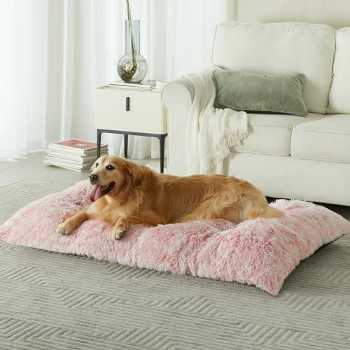 BFPETHOME Dog Beds for Large Dogs, Plush Dog Crate Bed Fluffy Cozy Kennel Pad for Sleeping &Ease Anxiety, Washable Pet Mats with Anti-Slip Bottom for Large Medium Dogs, Pet Bed, Pink