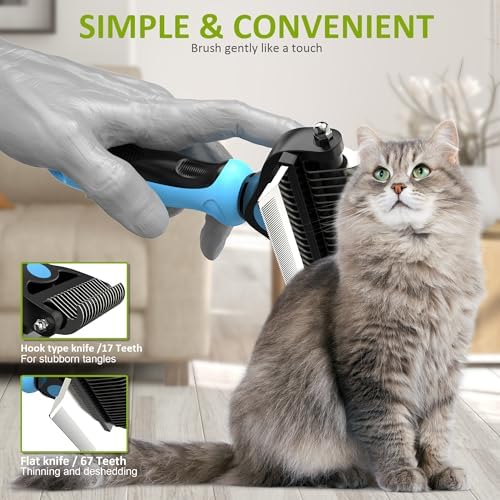 Spring Blossoms-2 in 1 Professional Grooming Rake for Cats & Dogs-Dematting Comb for Easy Mats & Tangles Removing,Pet Brush Safe No More Nasty Shedding and Flying Hair (Blue)