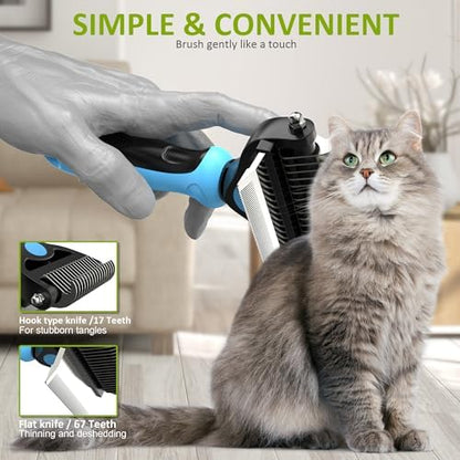 Spring Blossoms-2 in 1 Professional Grooming Rake for Cats & Dogs-Dematting Comb for Easy Mats & Tangles Removing,Pet Brush Safe No More Nasty Shedding and Flying Hair (Blue)
