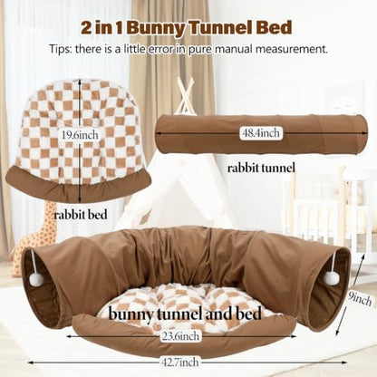 BWOGUE Bunny Tunnel Bed, Collapsible Rabbit Tunnel Hideout with Mat, Coffee