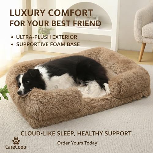 Orthopedic Dog Bed for Large Dogs - Washable Memory Foam Pet Sofa, Fluffy Plush Rectangular Bed, Waterproof Anti-Anxiety Couch, Khaki, L