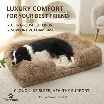 Orthopedic Dog Bed for Large Dogs - Washable Memory Foam Pet Sofa, Fluffy Plush Rectangular Bed, Waterproof Anti-Anxiety Couch, Khaki, L