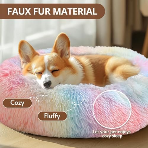 JOLLYVOGUE Calming Dog Beds Large Sized Dog, 36in Donut Washable Large Pet Bed, Anti-Slip & Anti-Anxiety Fluffy Faux Fur Round Dogs Bed, Fits up to 80 lbs Pets (Rainbow)