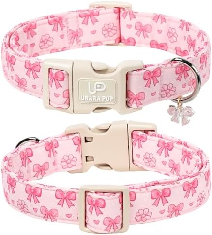 Pink Bow Dog Collar, Summer Cotton Adjustable Pink Bow and Flower Pattern Collar with Cute Pendant, Soft Comfortable Puppy Collar for Small Medium Large Dogs Girls