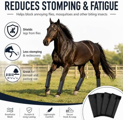 Fly Boots for Horses Set of 4 - Breathable Mesh Equine Leg Protection,Anti-Sag Stay-On Horse Fly Boots,Reduces Stomping & Fatigue,UV-Block, Adjustable Fit for Medium to Large Horses