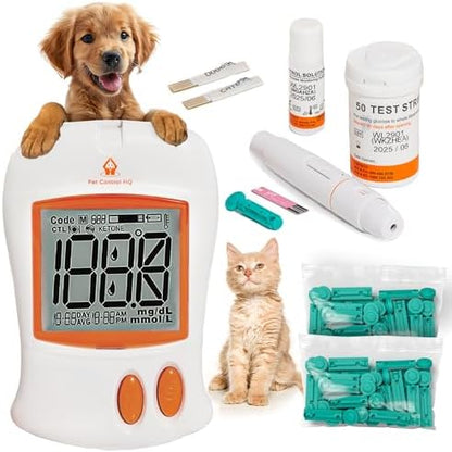 Pet Blood Sugar Glucose Monitoring Kit for Dogs and Cats - Pet Glucose Diabetic Monitor System - Accurate Diabetes Testing 2 Code-Chips for Dog/Cat, Lancets - Monitor + 50 Test Strips