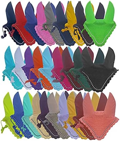 Horse Ear Bonnet Fly Veil Crochet Equestrian with Piping 30 Color Full/COB/Pony (Medium/COB, Yellow)