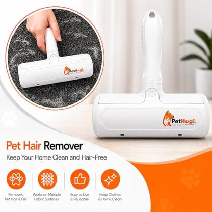 3-in-1 Pet Hair Remover Set with Cleaning Brush and Detailer Scraper - Reusable Roller for Couch, Furniture, Dog & Cat Hair - Self Cleaning Lint Remover Tool for Carpet, Sofa & Bedding