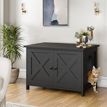 Shintenchi Cat Litter Box Enclosure, Litter Box Furniture Cabinet Hidden with Removable Divider, Wooden Cat House with End Table, Black, 31.5 inch
