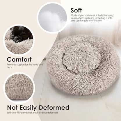 28in Large Dog Bed, Calming Donut Bed for Puppy and Kitten (Brown)