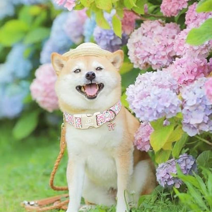 Cute Floral Cotton Dog Collar with Pink Bow Charm, Soft Adjustable Puppy Collar with Durable Quick Release Buckle for Small Medium Dogs Girl Pets