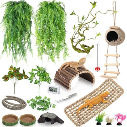 Alotiki Bearded Dragon Tank Accessories, 19 Pcs Reptile Plants Vines and Leaves Crested Gecko Tank, Hammock Flexible Bridge, Jungle Climber for Snake Lizard Chameleon Terrarium Decor