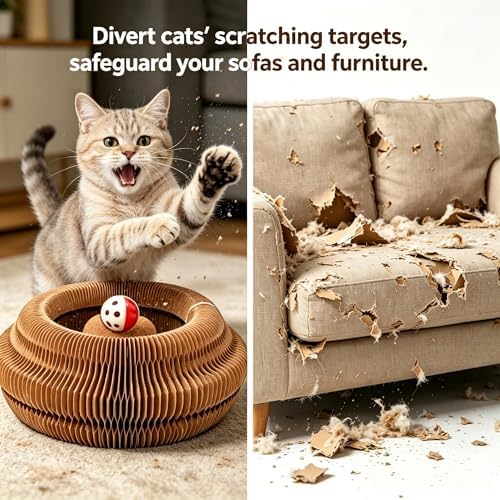 Kitty Curls Cat Toy, Magnetic Magic Organ Cat Scratch Board, Foldable Cat Accordion Toy, Interactive Track Scratcher Pad with Toy Catnip Bell, Durable Eco-Friendly Ring for Play, Chase & Scratch